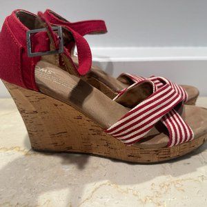 Red & White Stripe Tom's Wedge Sandals